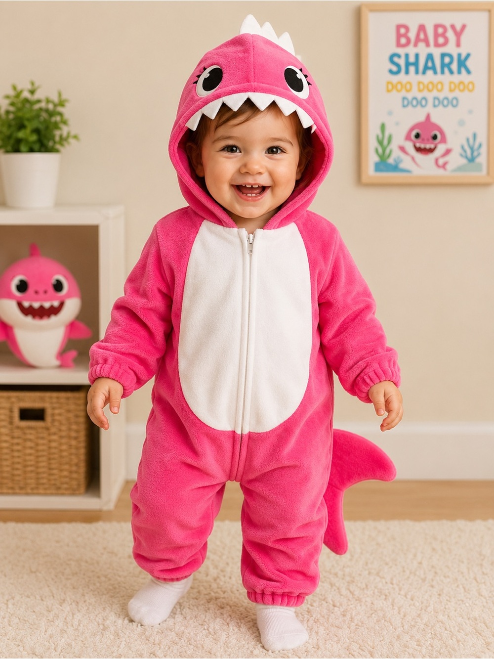 Pink Baby Shark Hooded One-Piece Romper Size 18-24 months